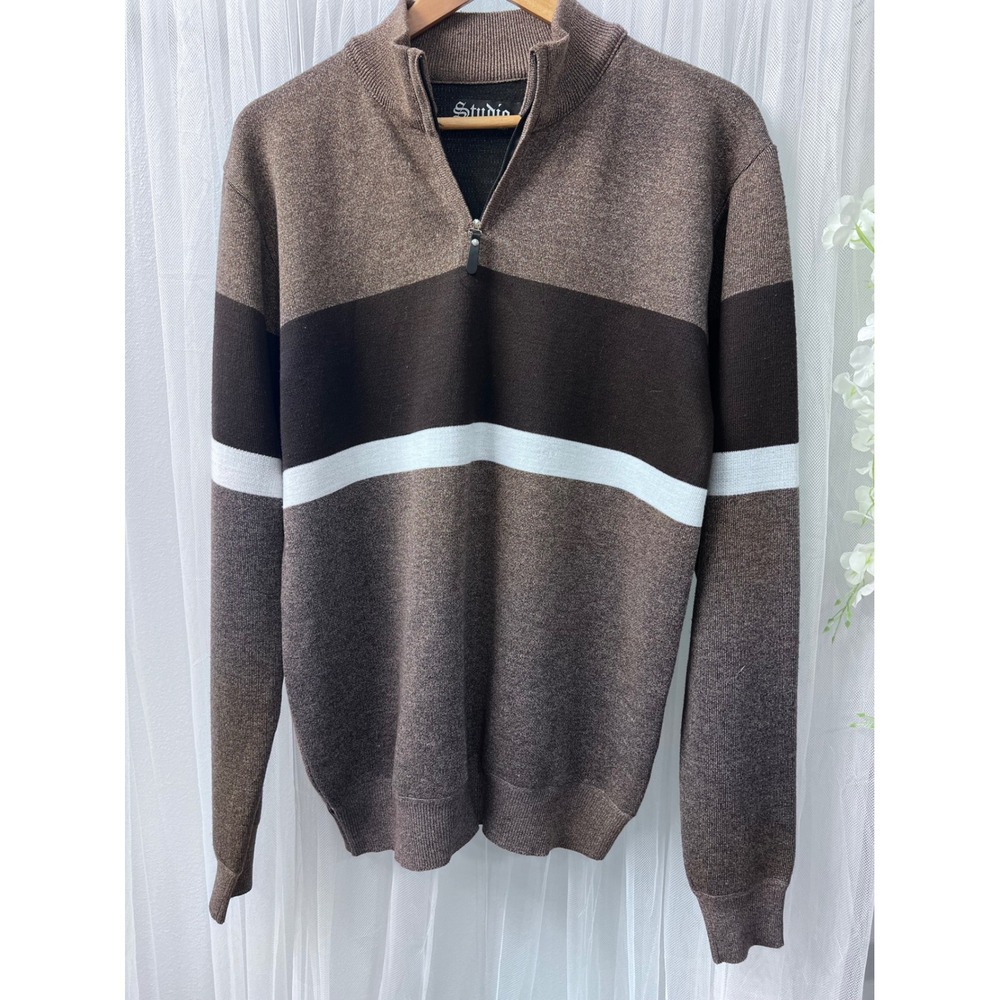 Studio Mens Quarter Zip Mock Neck Sweater Brown Striped Pullover Size Large